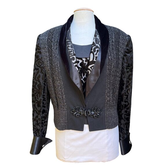 Audrey Ma Jackets & Blazers - 1980's Black Velvet Burnout Sweater Tuxedo Jacket Top Set Goth Steampunk Sz‎  Lg